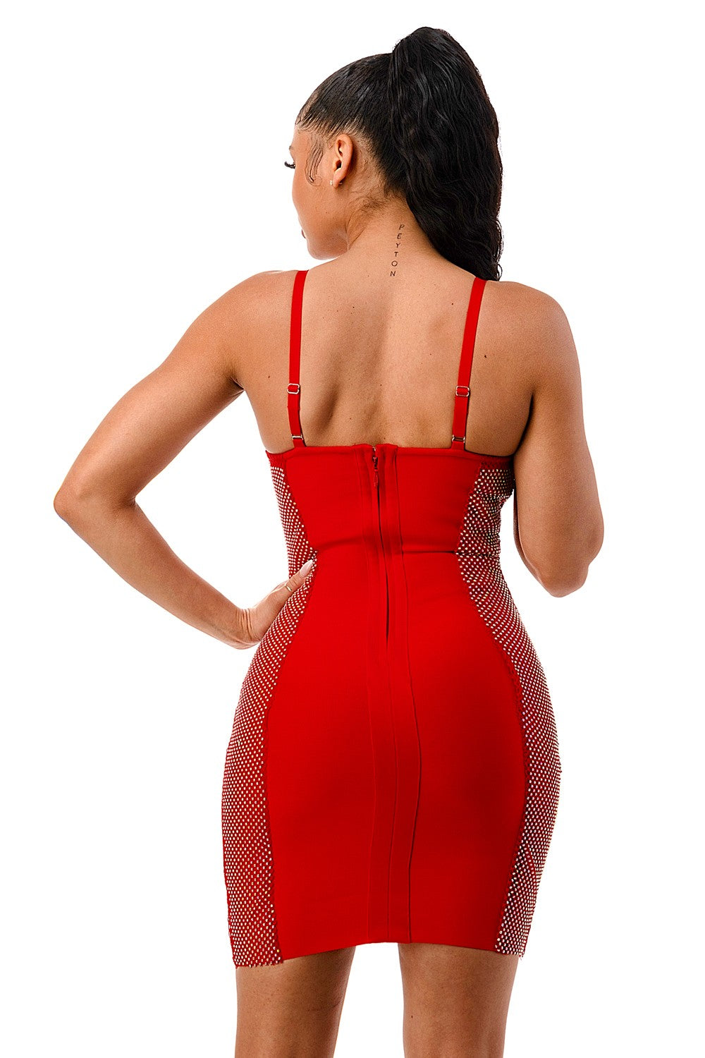 Net Design Bandage Dress - Red
