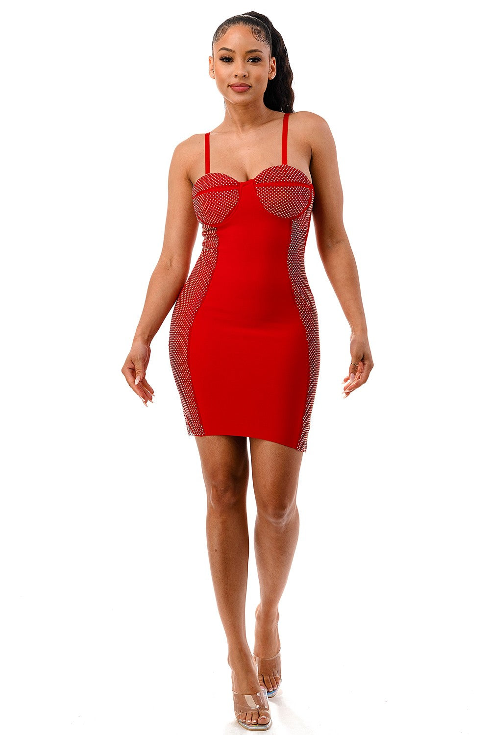 Net Design Bandage Dress - Red