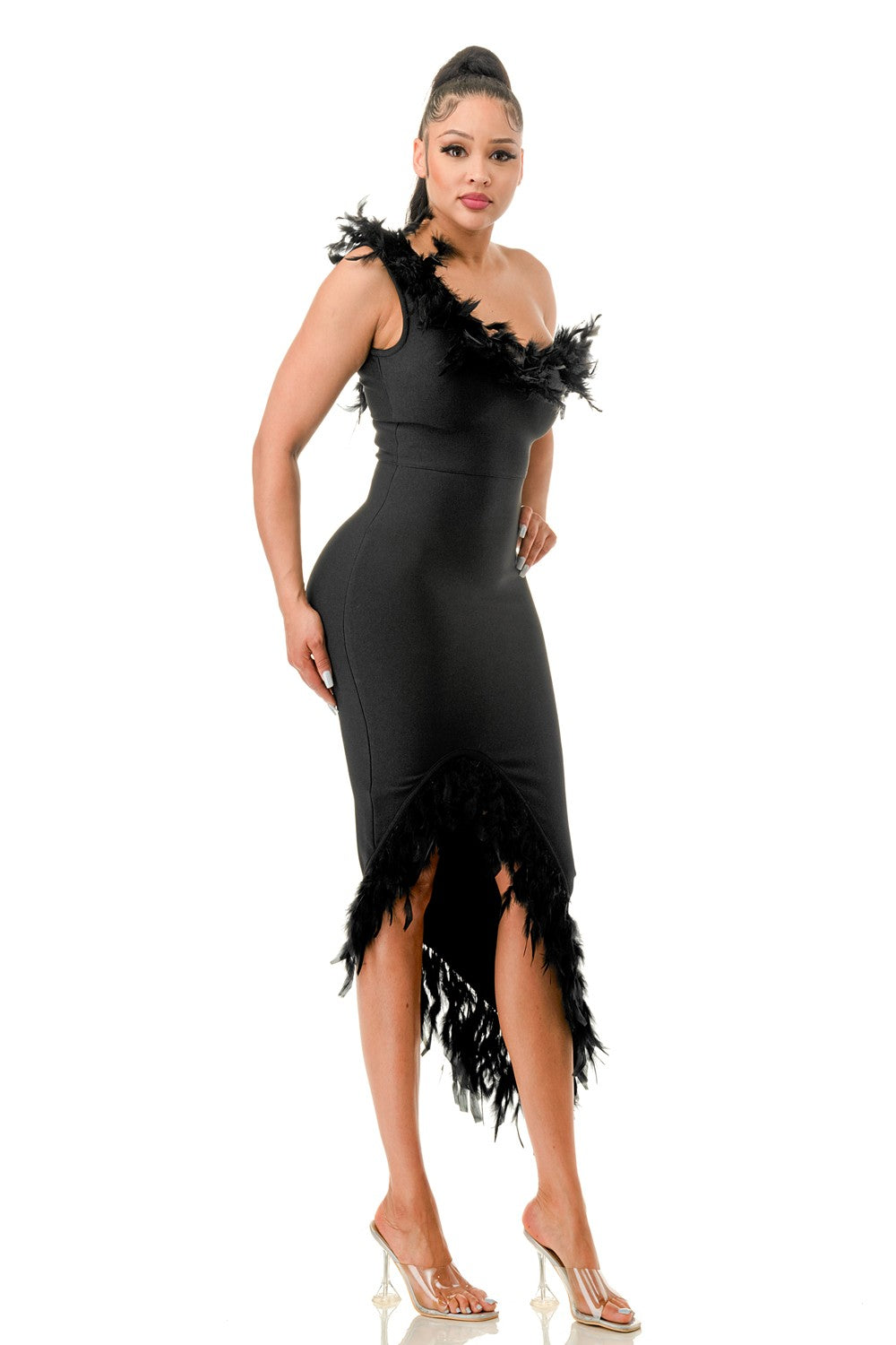 One Shoulder Feather Bandage Dress
