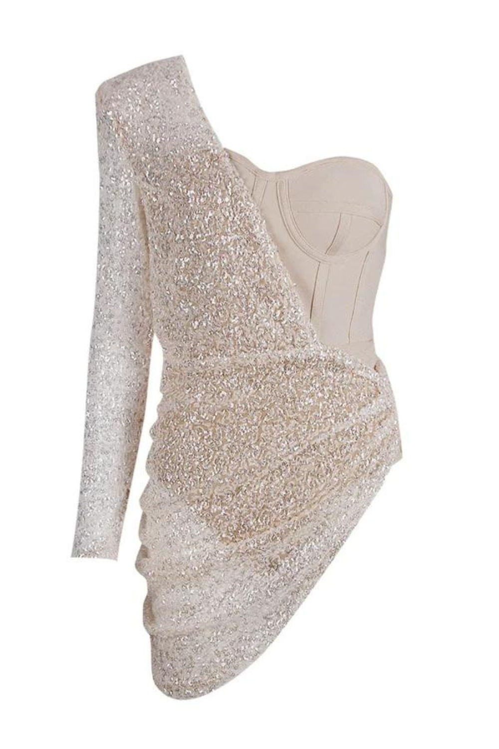 Asymmetric Sequin Ruched Mini Dress - Beige