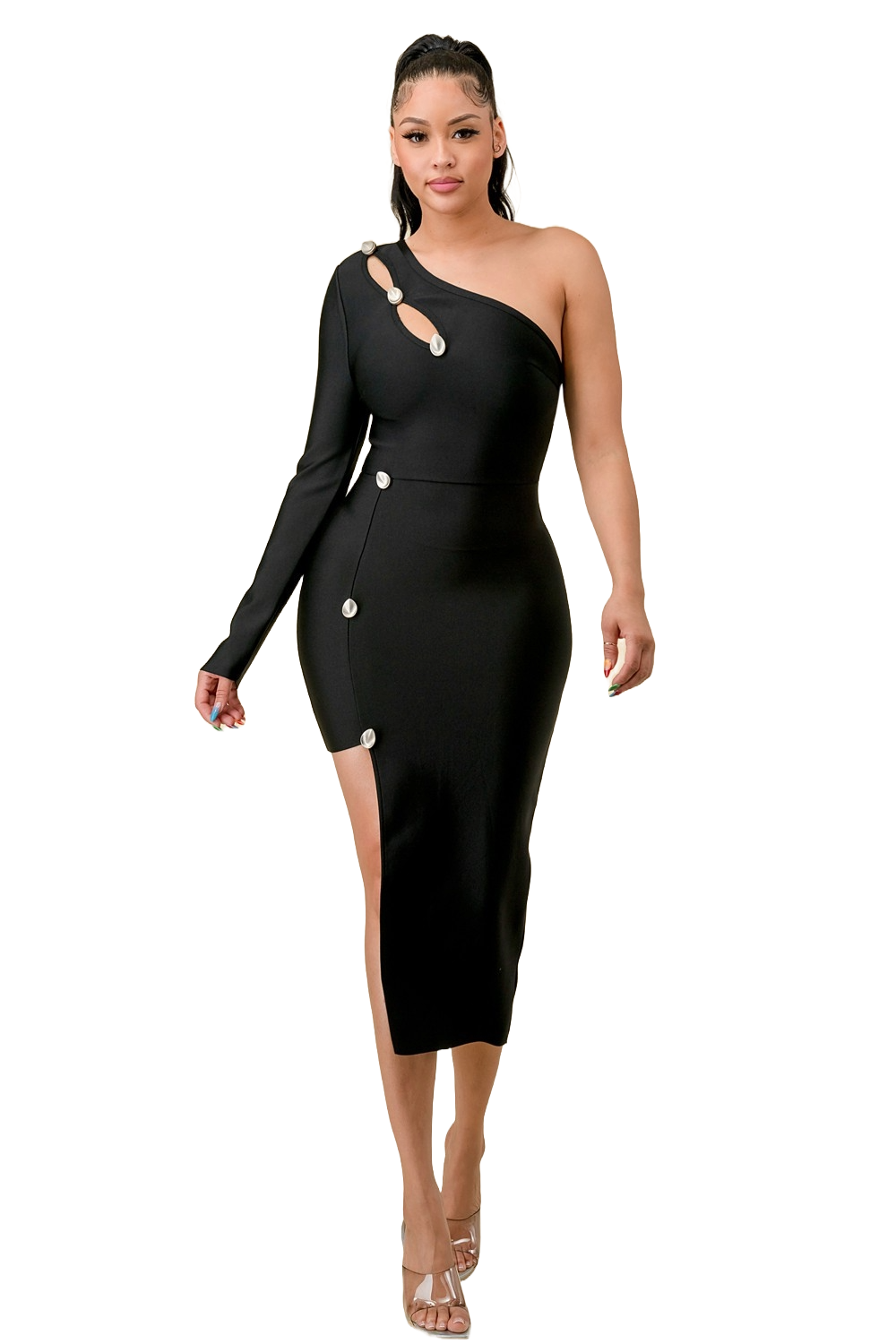 One Shoulder CUT-OUT unbalanced Midi Bandage dress - Black