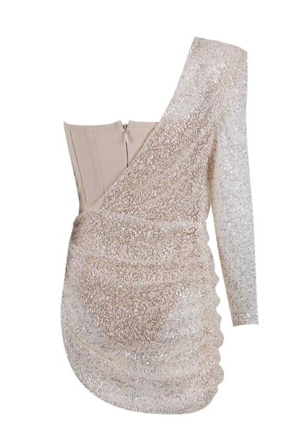 Asymmetric Sequin Ruched Mini Dress - Beige