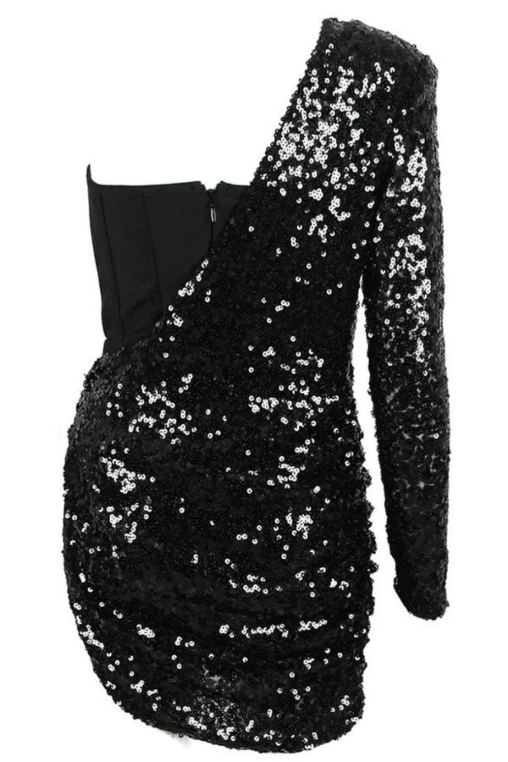 Asymmetric Sequin Ruched Mini Dress - Black