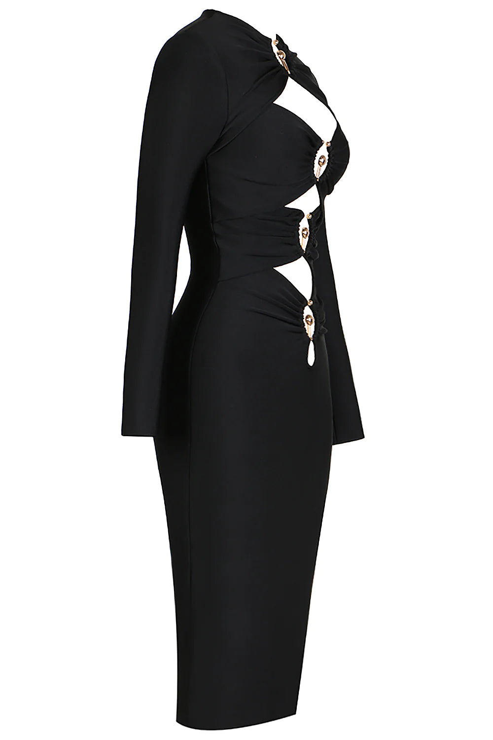 Black Long Sleeve Metal Button Bandage Dress - Black