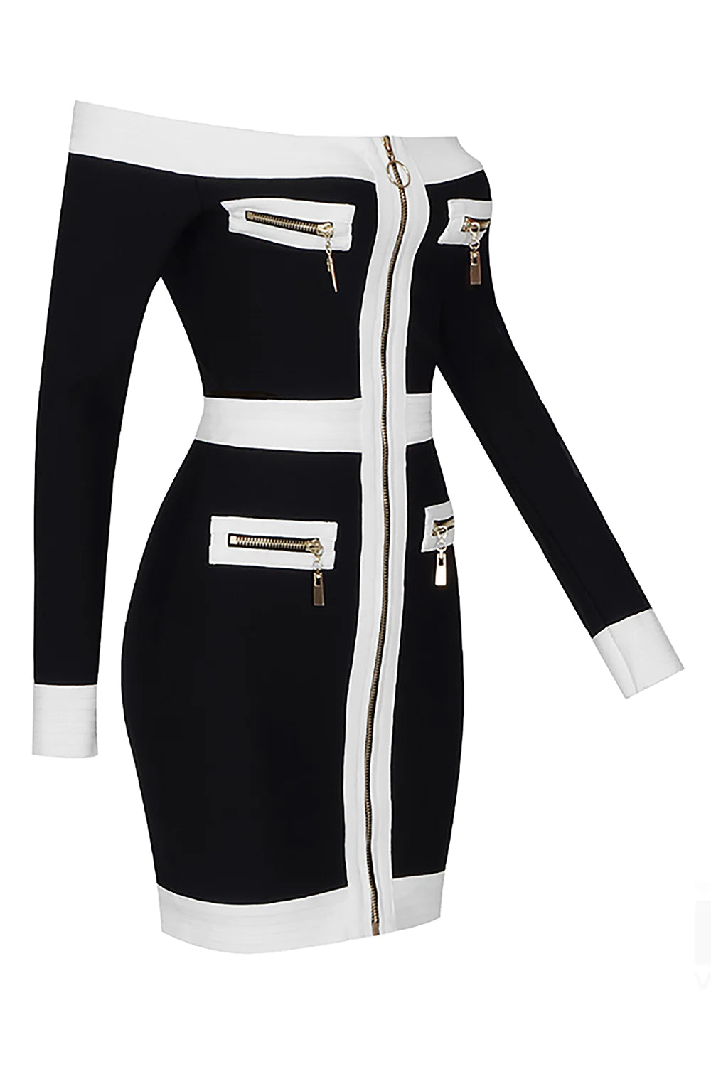 Black Off Shoulder Long Sleeve Zipper Bandage Dress