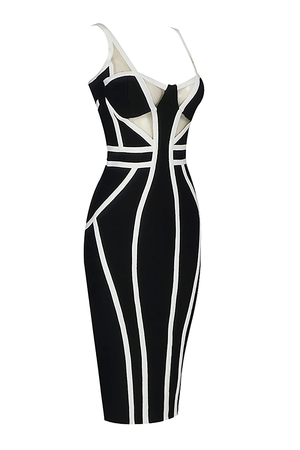 Strappy Mesh Striped Bandage Dress - Black