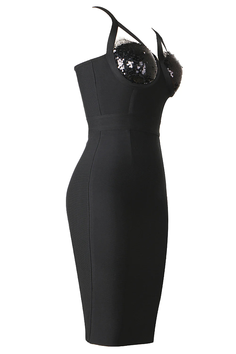 V-neck Strap Sequin Dress - Black