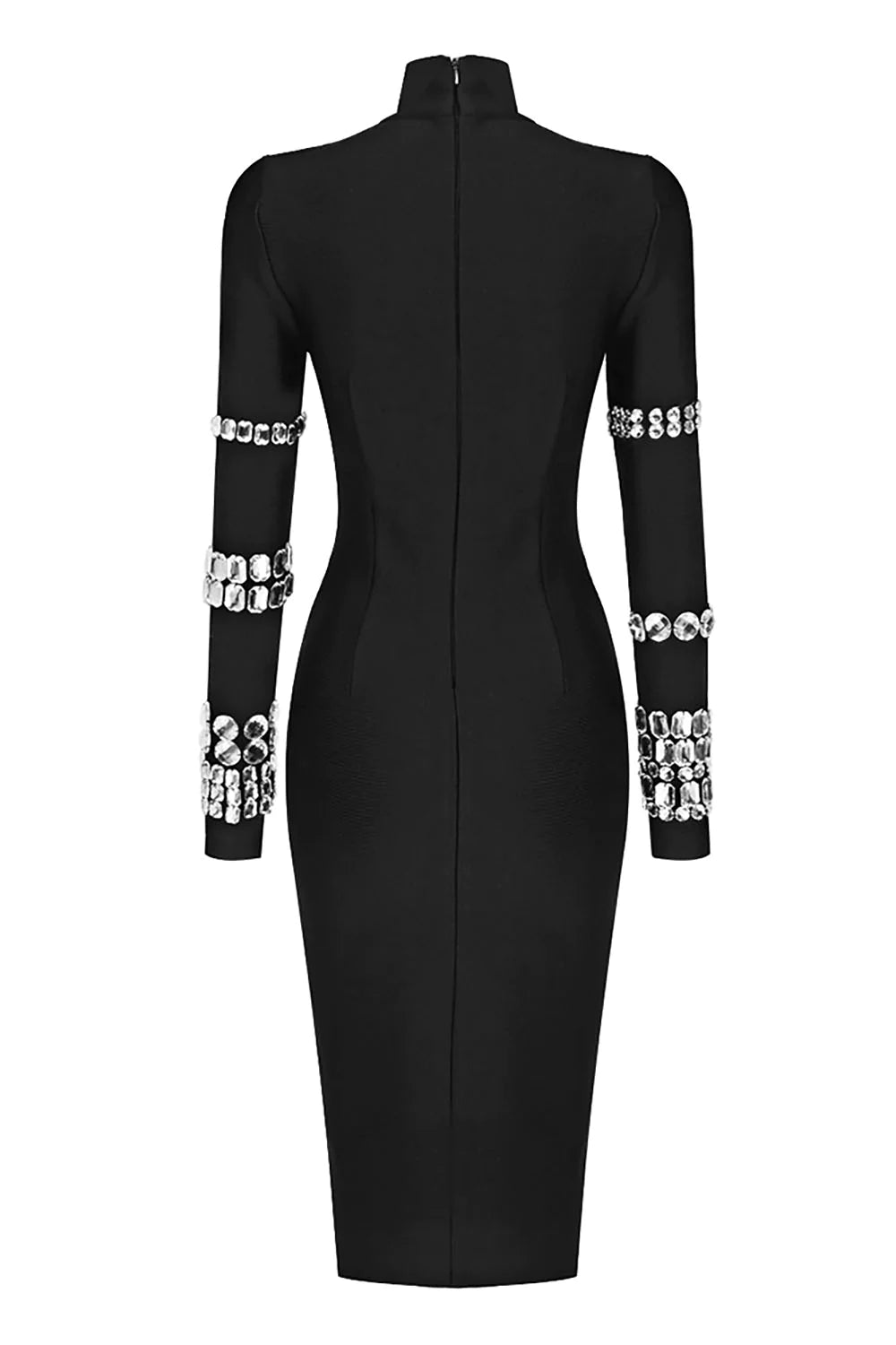 Black Crystal Embellished Stretch Bandage Midi Dress
