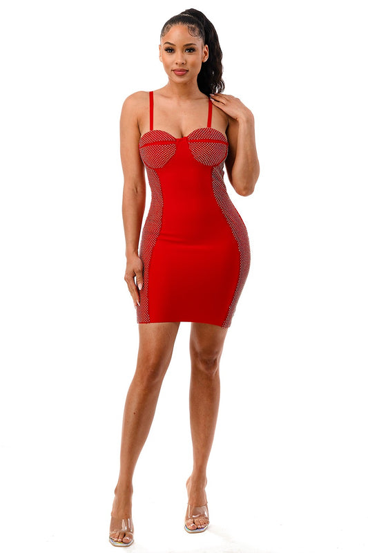 Net Design Bandage Dress - Red