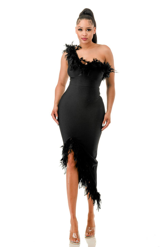 One Shoulder Feather Bandage Dress