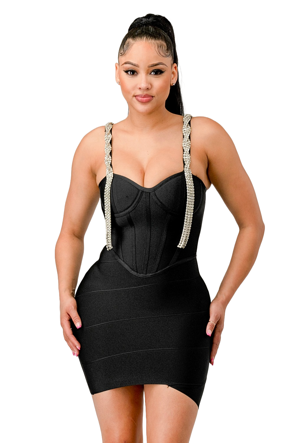 Bandage Mini Dress W Rhinestone Detail - Black