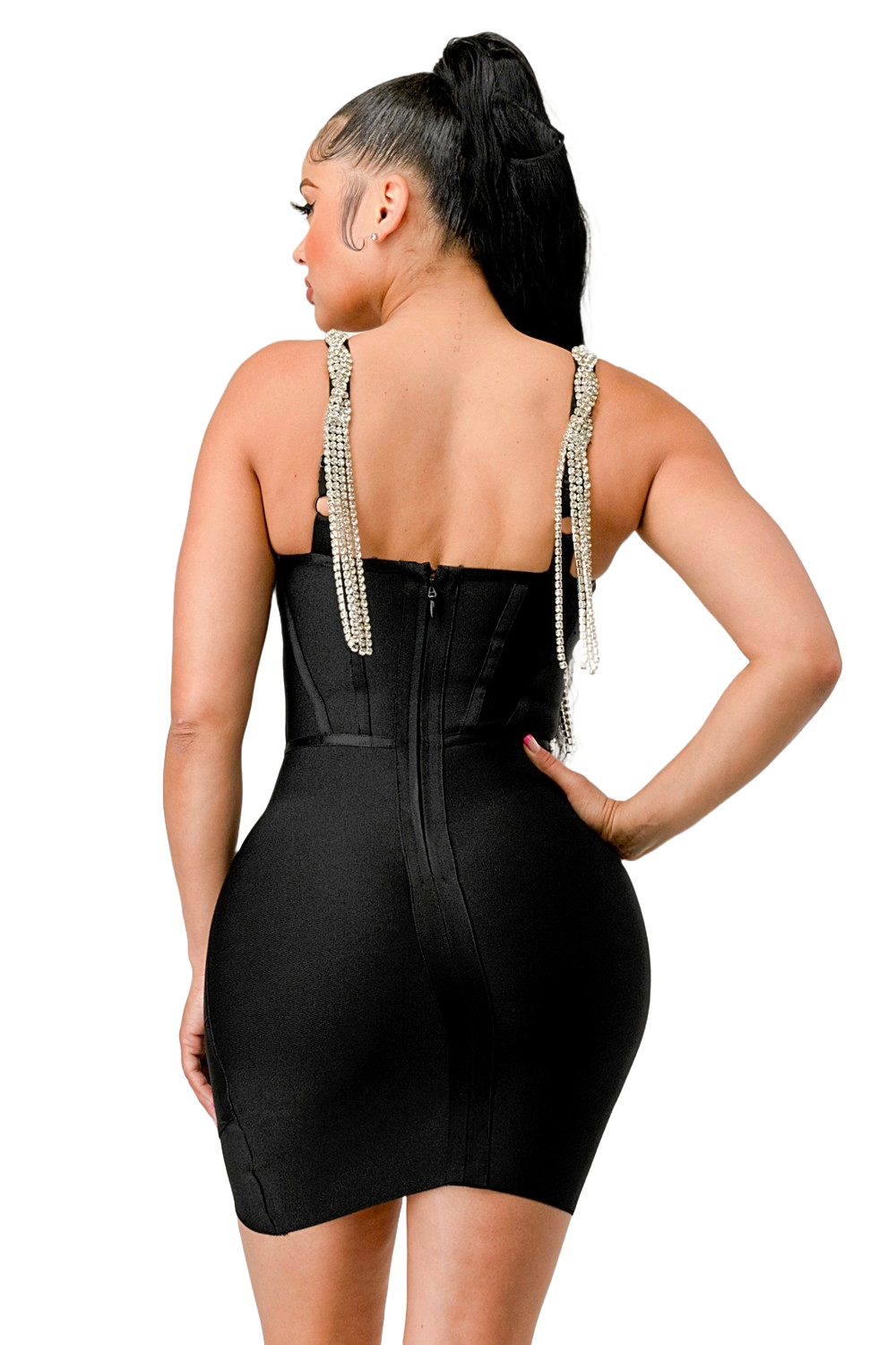Bandage Mini Dress W Rhinestone Detail - Black