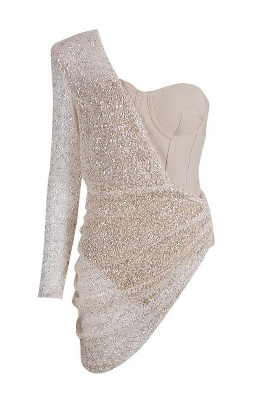 Asymmetric Sequin Ruched Mini Dress - Beige