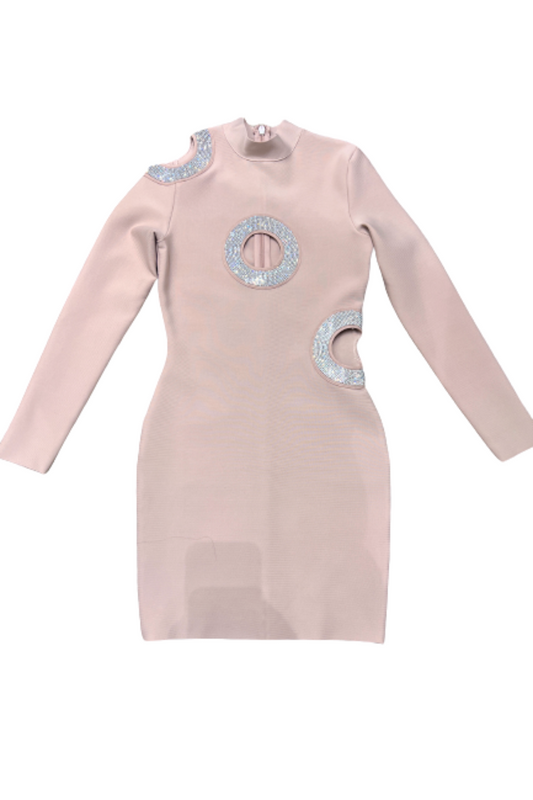 Long Sleeve Cutout Ring Bandage Dress - Beige