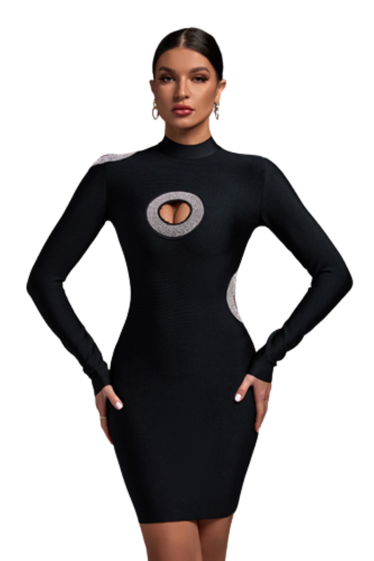 Long Sleeve Cutout Ring Bandage Dress - Black