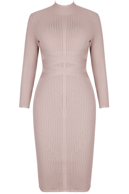 Round-neck Long Sleeve Ribbed Bandage Dress - Nude