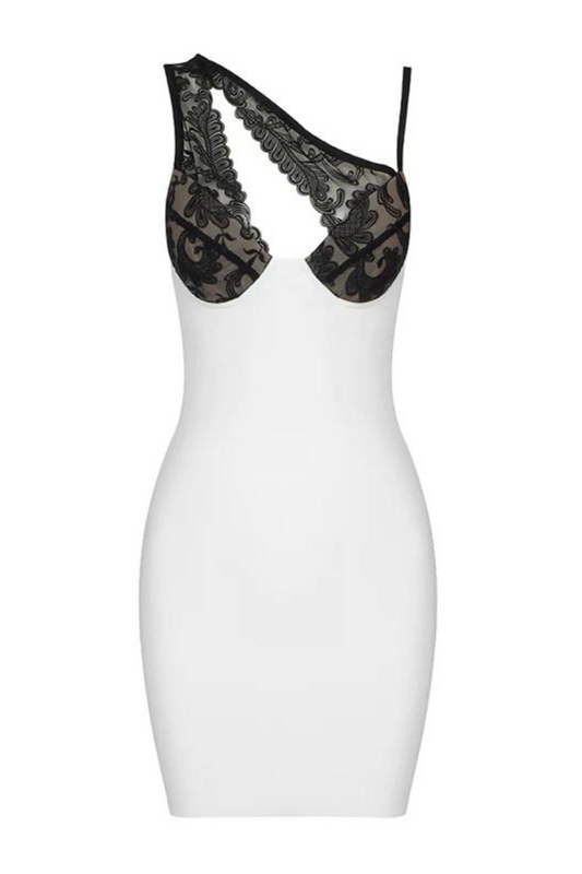 Diagonal Collar Straps Lace Patchwork Bandage Dress - White