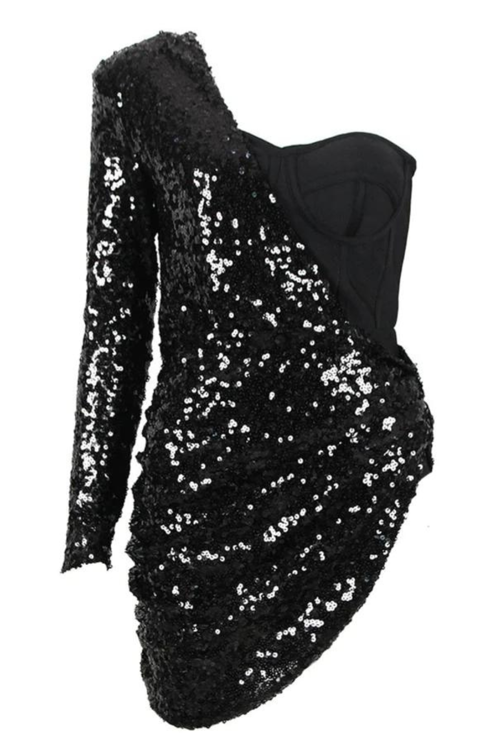 Asymmetric Sequin Ruched Mini Dress - Black