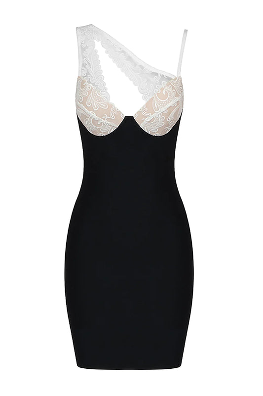 Diagonal Collar Straps Lace Patchwork Bandage Dress - Black