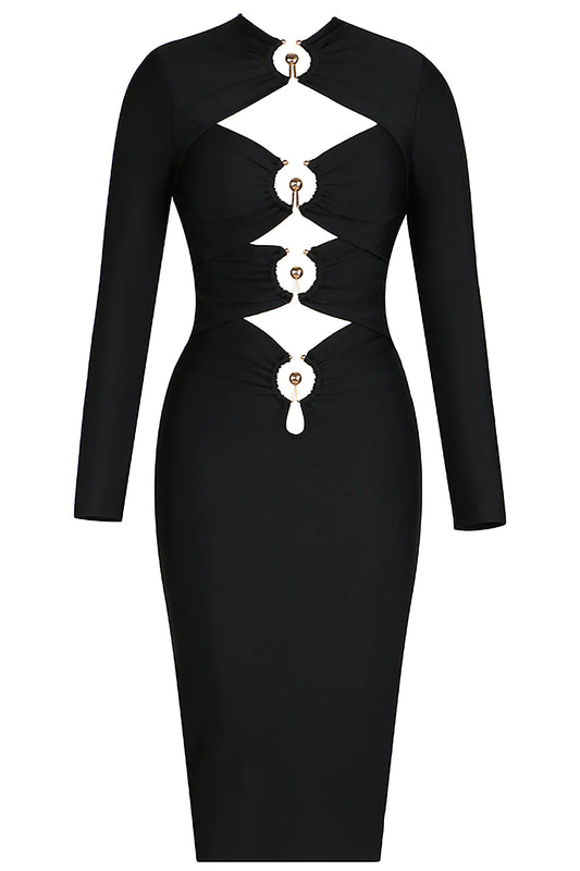 Black Long Sleeve Metal Button Bandage Dress - Black