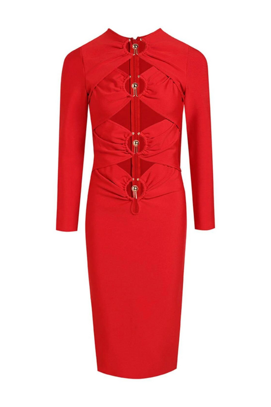 Black Long Sleeve Metal Button Bandage Dress - Red