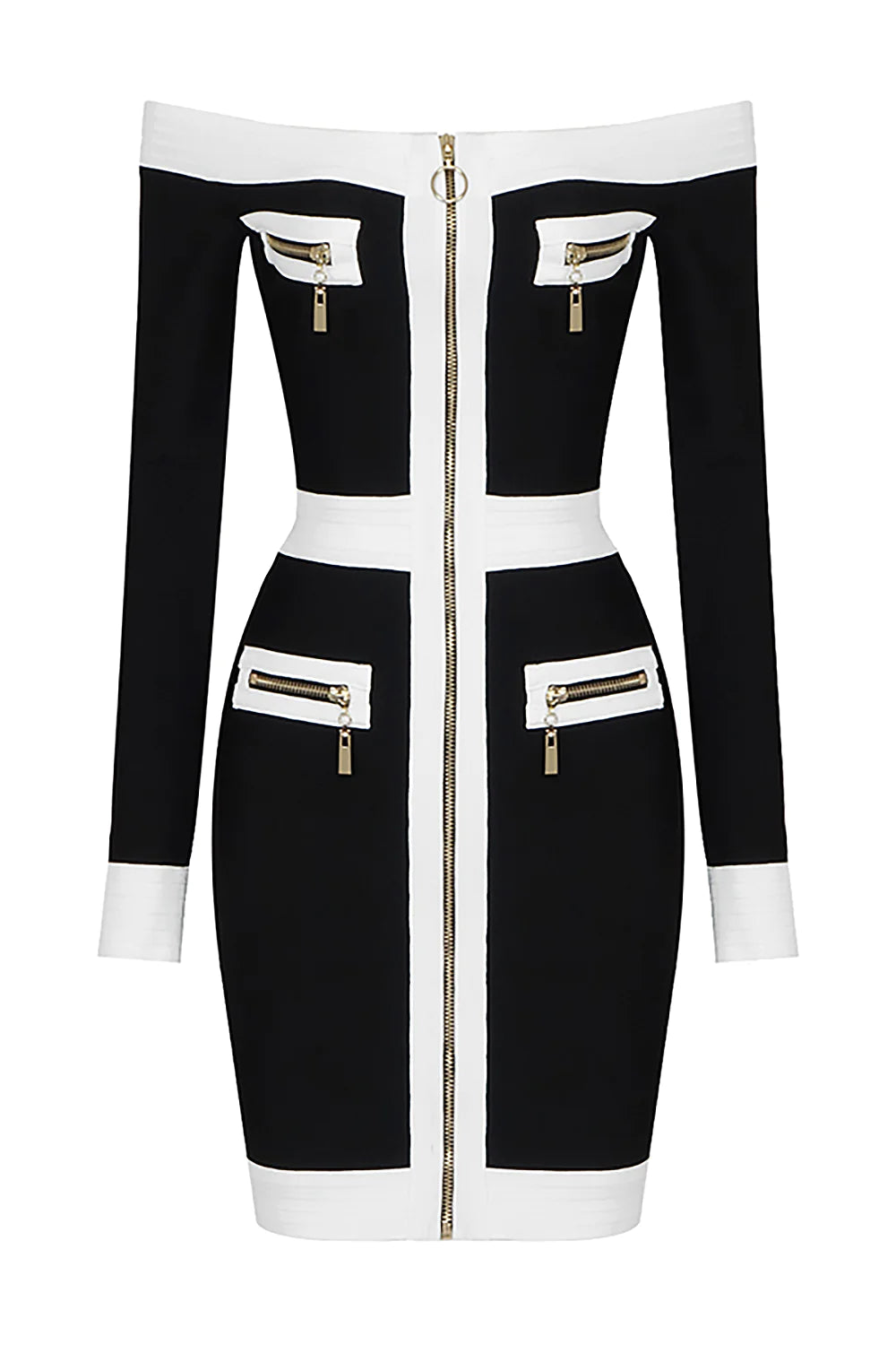 Black Off Shoulder Long Sleeve Zipper Bandage Dress