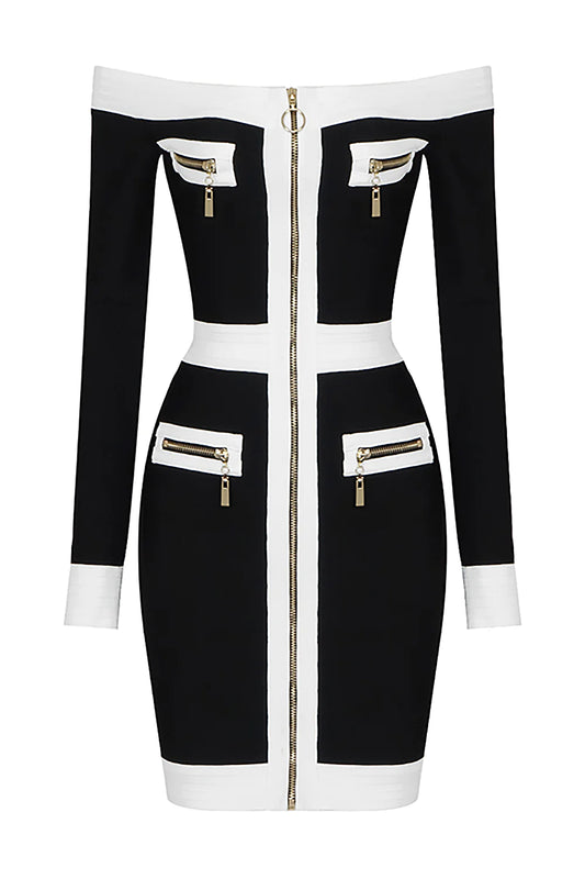 Black Off Shoulder Long Sleeve Zipper Bandage Dress