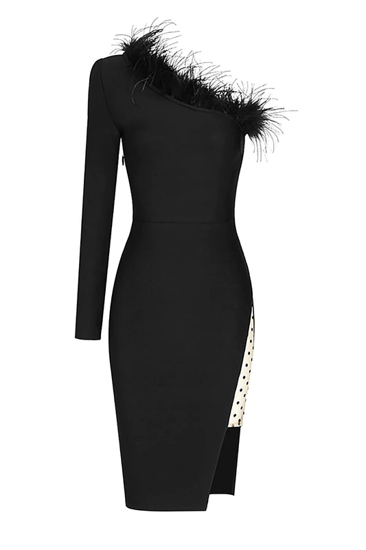 Black One-Shoulder Long Sleeve Feather Slits Mesh Bandage Dress
