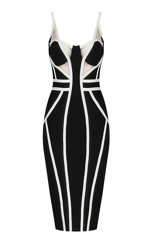 Strappy Mesh Striped Bandage Dress - Black