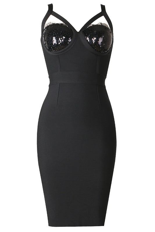 V-neck Strap Sequin Dress - Black