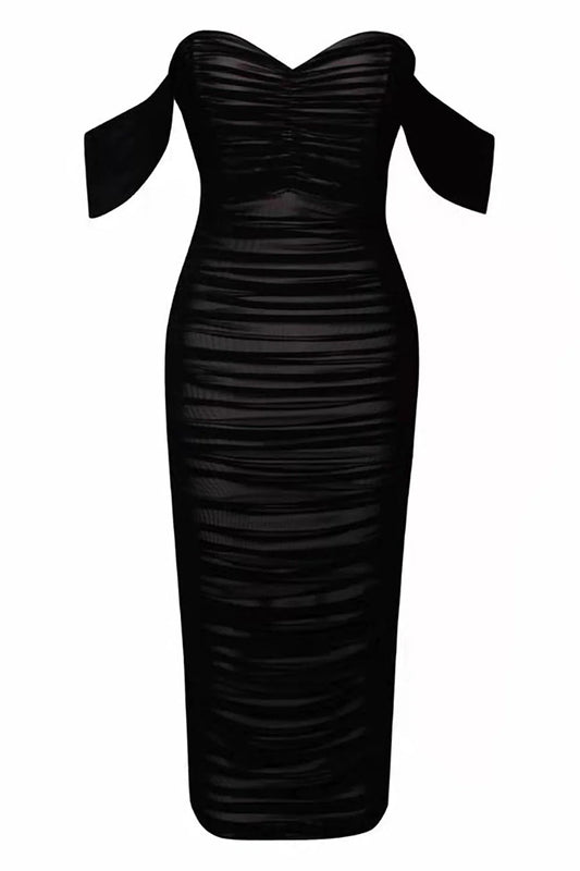 Off-Shoulder Back Draped Ruffled Mesh Bandage Dress